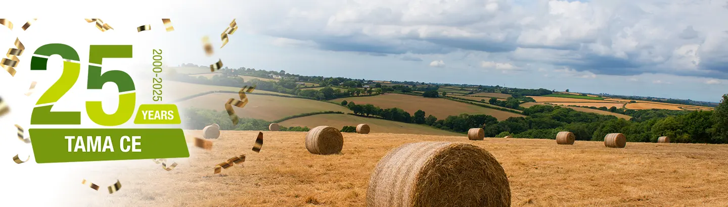 Round bales wrapped with TamaNet in the field